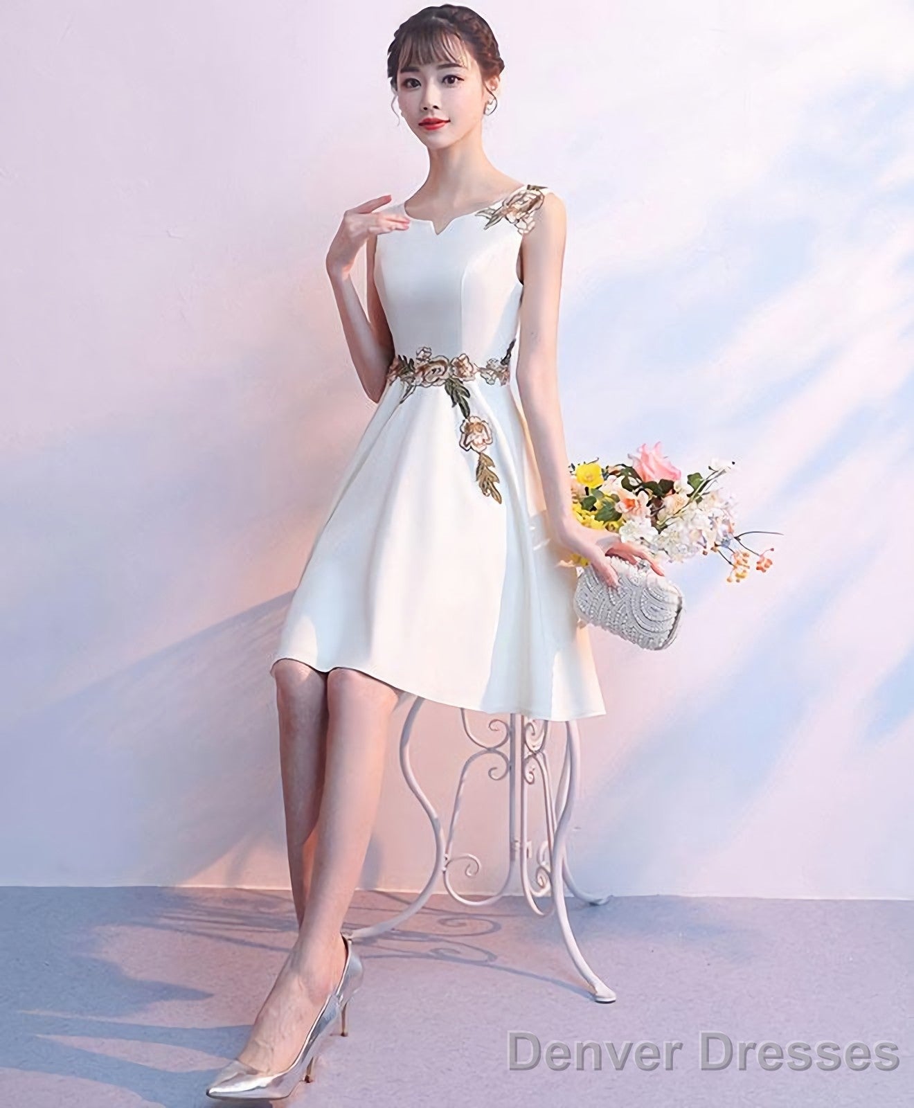 Simple White Satin Applique Short Prom Dress Cute Homecoming Dress