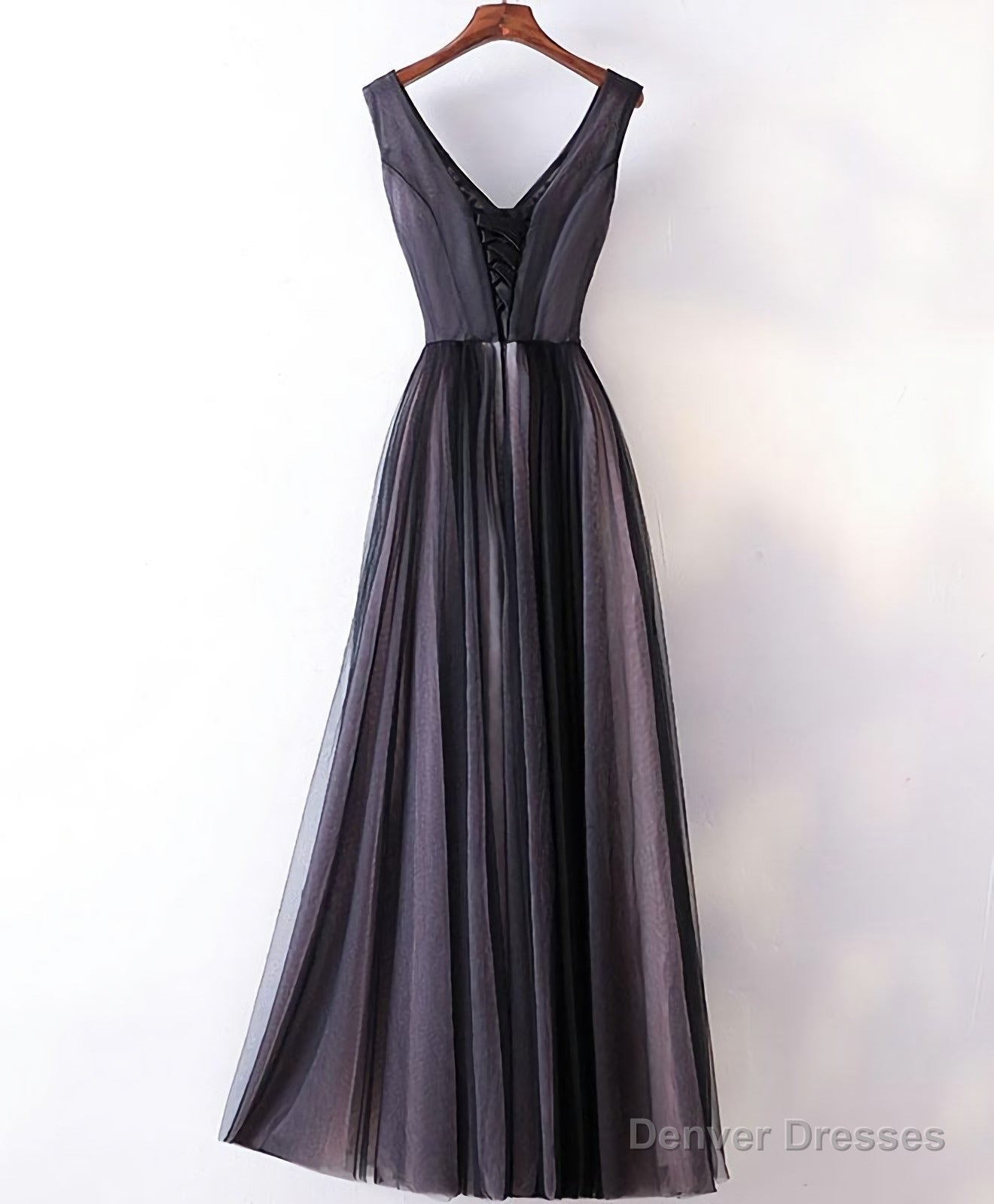 Black V Neck Lace Applique Tulle Long Prom Dress, Black Evening Dress Secondary image