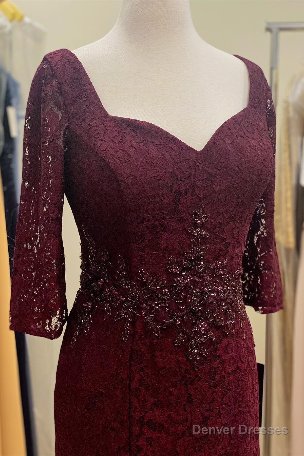 Burgundy Lace Beaded Half Sleeves Long Mother of Bride Dress Secondary image