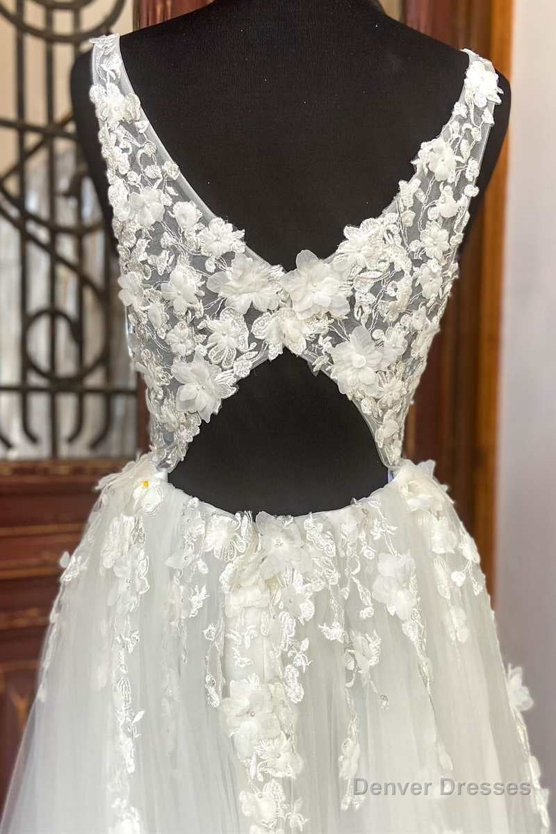 White Floral Lace Backless A-Line Wedding Dress with Slit Secondary image
