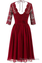 Burgundy A Line Knee Length V Neck 1/2 Sleeve Hollow Bridesmaid Dress