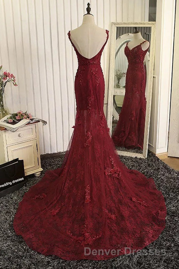 Burgundy Trumpet Sweep Train V Neck Mid Back Appliques Beading Long Prom Dress Secondary image