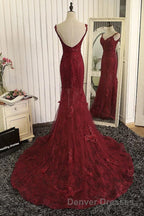 Burgundy Trumpet Sweep Train V Neck Mid Back Appliques Beading Long Prom Dress