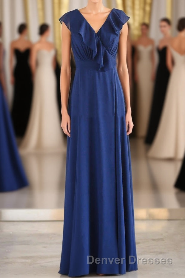Navy Blue Ruffled Tie-Side Long Bridesmaid Dress Main image