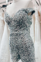 Dusty Sage Off-the-Shoulder Sequins Sheath Homecoming Romper