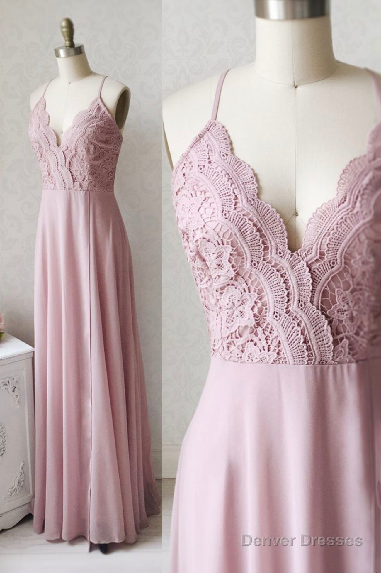 Pink Chiffon Lace Long Prom Dresses, V-Neck Spaghetti Strap Party Dresses