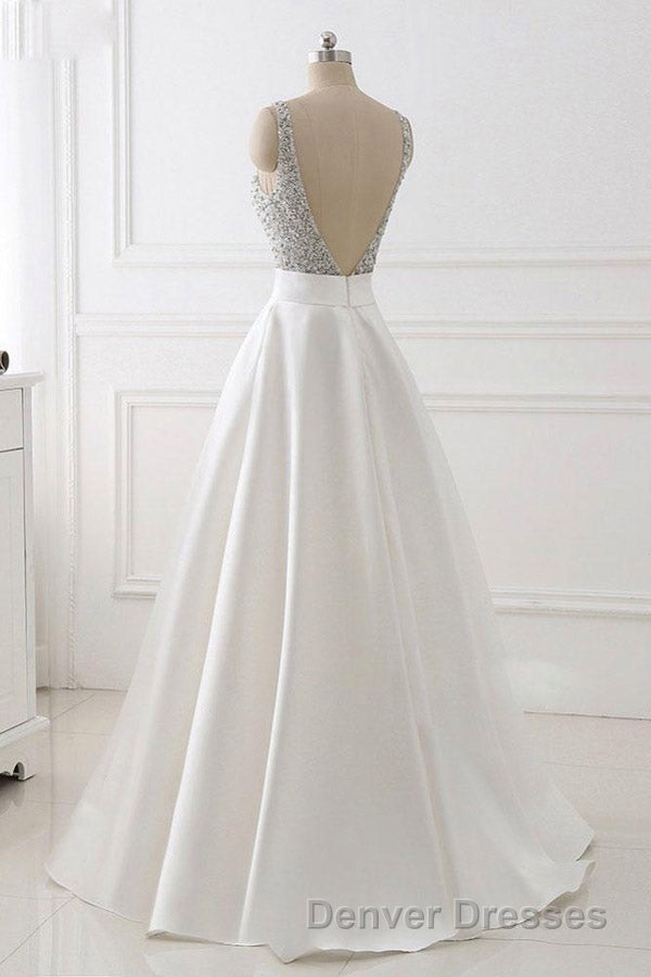 A Line Brush Train Deep V Neck Sleeveless Beading Prom Dress