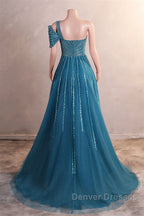 One-Shoulder Beading Sweep Train Backless Evening Dress