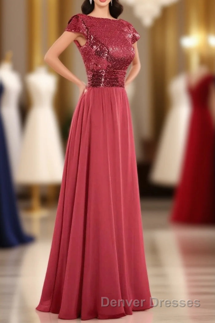 Burgundy Sequin Cap Sleeve Backless A-Line Bridesmaid Dress Main image