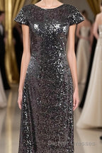 Black Sequin Cap Sleeve Backless Long Bridesmaid Dress