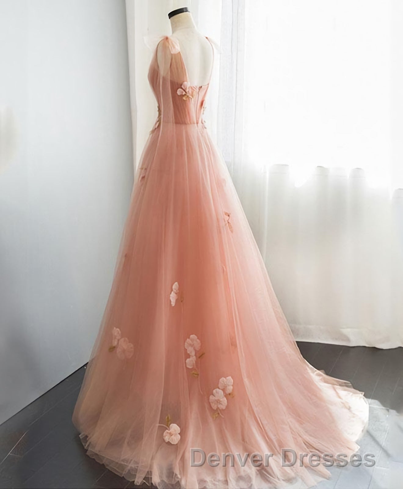 Pink V Neck Tulle Long Prom Dress, Tulle Evening Dress Secondary image