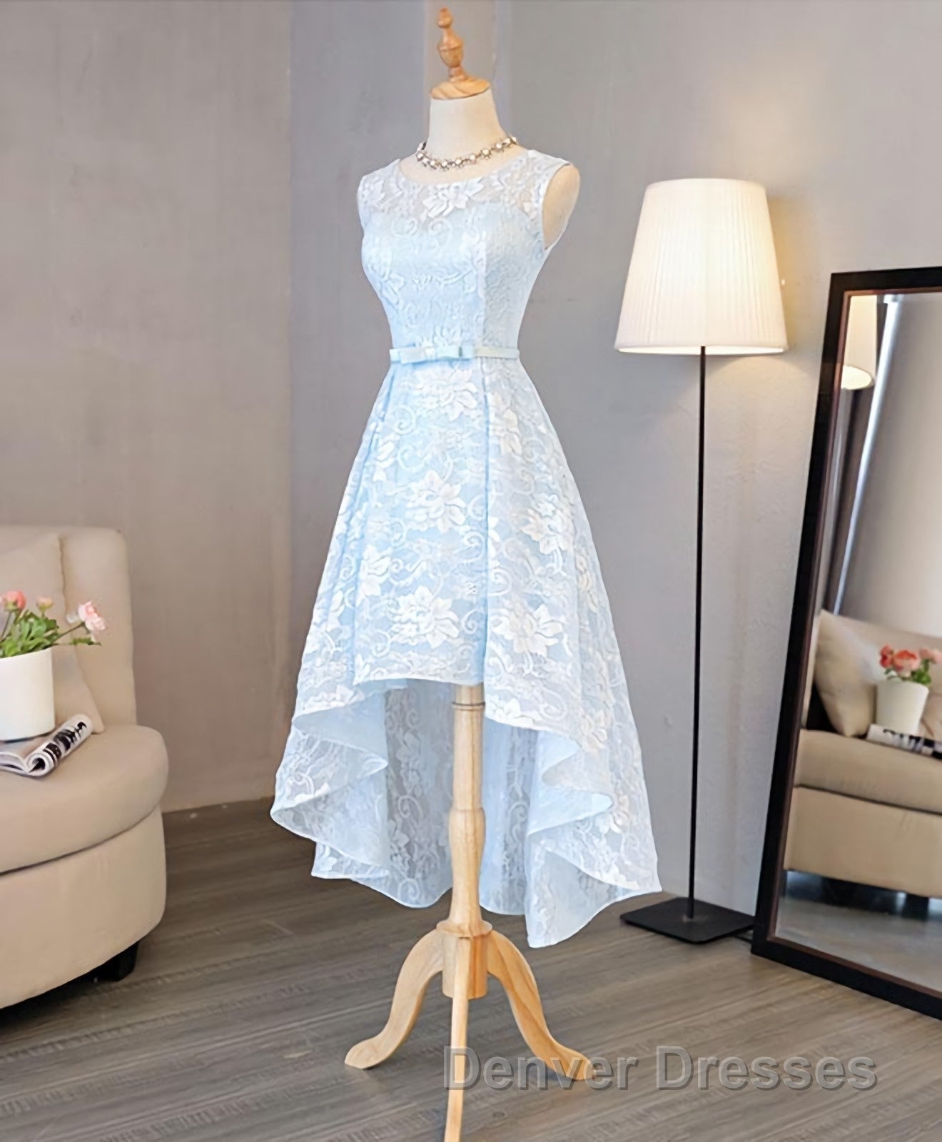 Light Blue Lace High Low Prom Dress, Homecoming Dress Secondary image