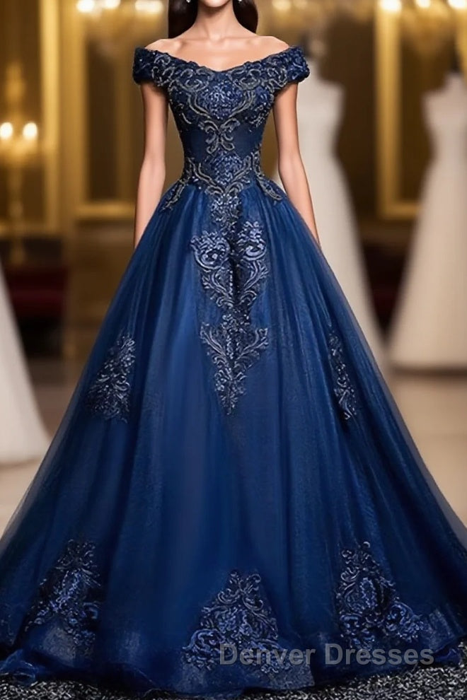 Blue Tulle Lace Off Shoulder Long Prom Dress, Blue Tulle Lace Evening Dress Main image