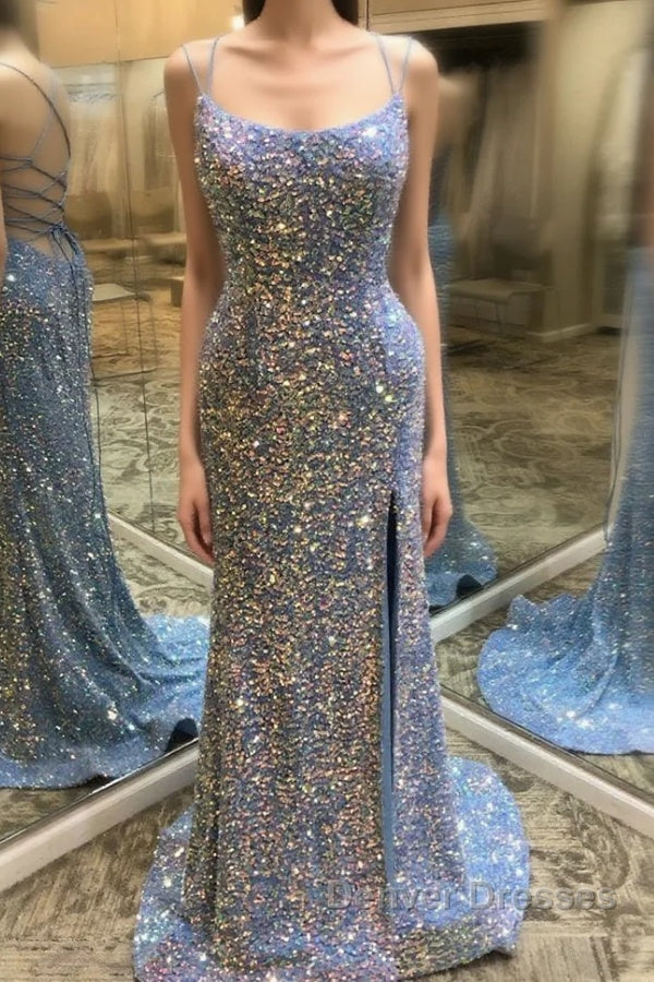 Double Straps Lace-Up Sequins Long Prom Dress with Slit Main image