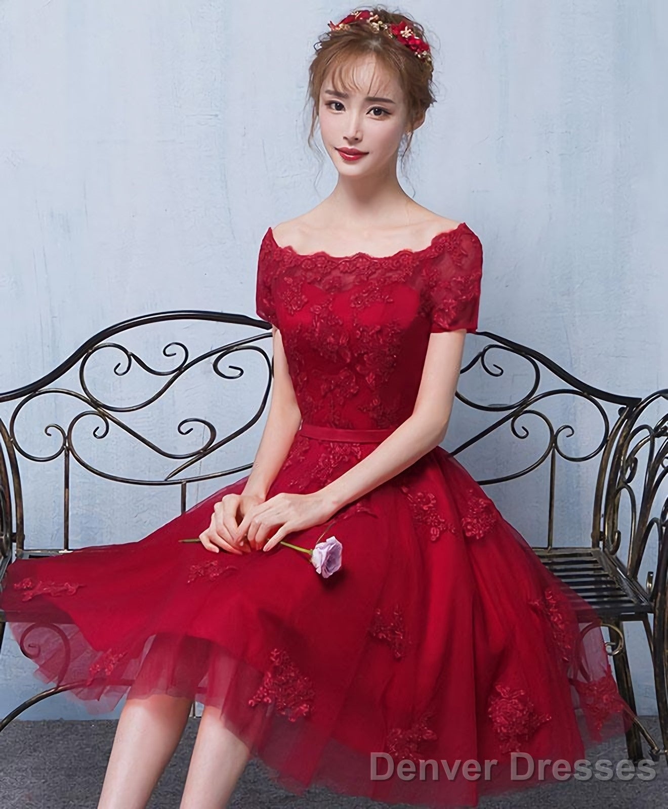 Burgundy Tulle Lace Short Prom Dress Burgundy Lace Homecoming Dress Secondary image