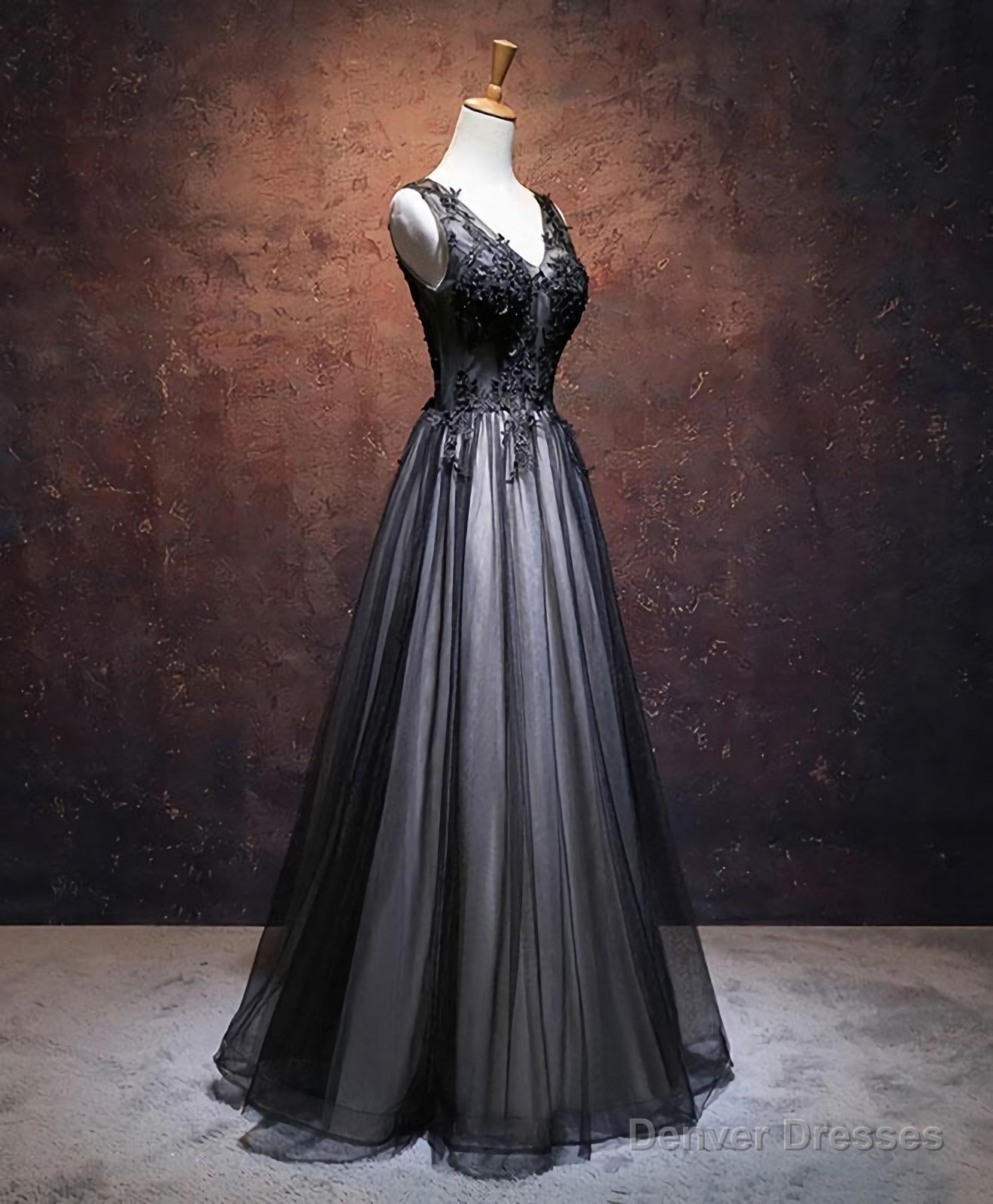 Black V Neck Tulle Lace Applique Long Prom Dress, Black Evening Dress, 1 Main image