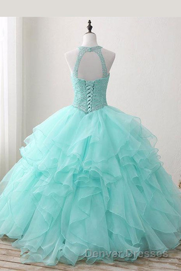 Mint Ball Gown Floor Length Halter Keyhole Back Beading Ruffles Prom Dress Secondary image