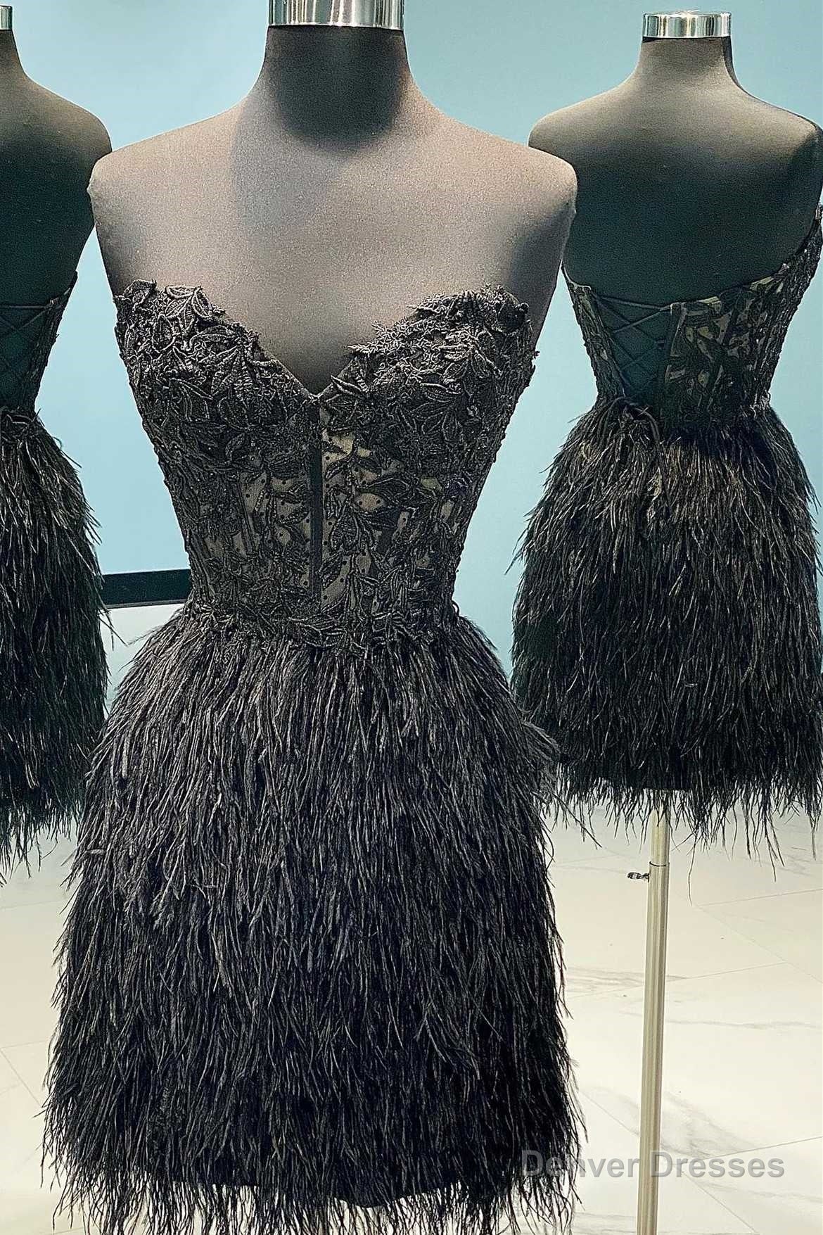 Black Appliques Strapless Feathered Cocktail Dress Main image