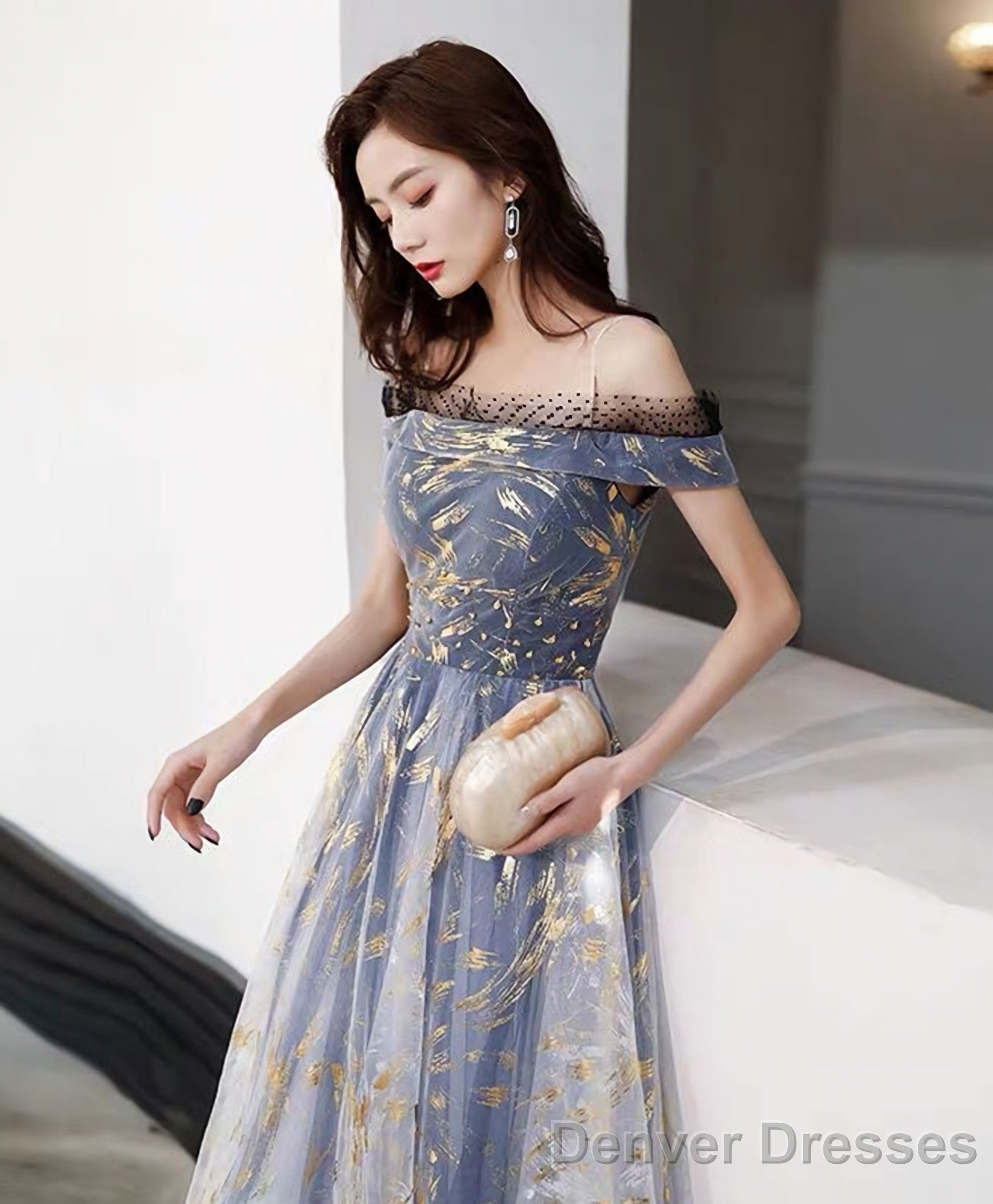 Blue Tulle Off Shoulder Lace Long Prom Dress Tulle Formal Dress Secondary image