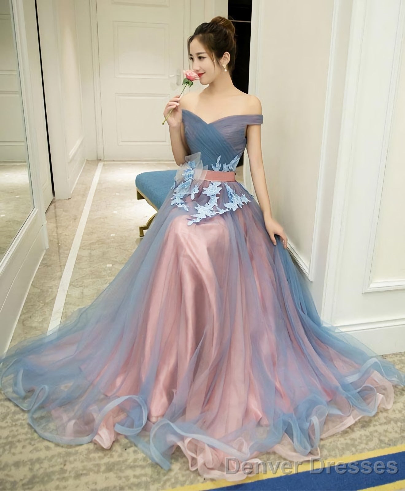 Gray Blue Tulle Off Shoulder Long Prom Dress Gray Blue Evening Dress Main image