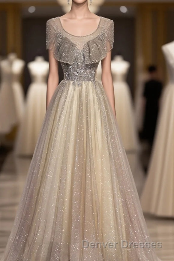 Champagne Round Neck Sequin Long Prom Dress, Tulle Formal Dress