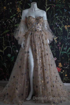 Chic Long Sweetheart Front Split Star Prom Dress With Sleeves