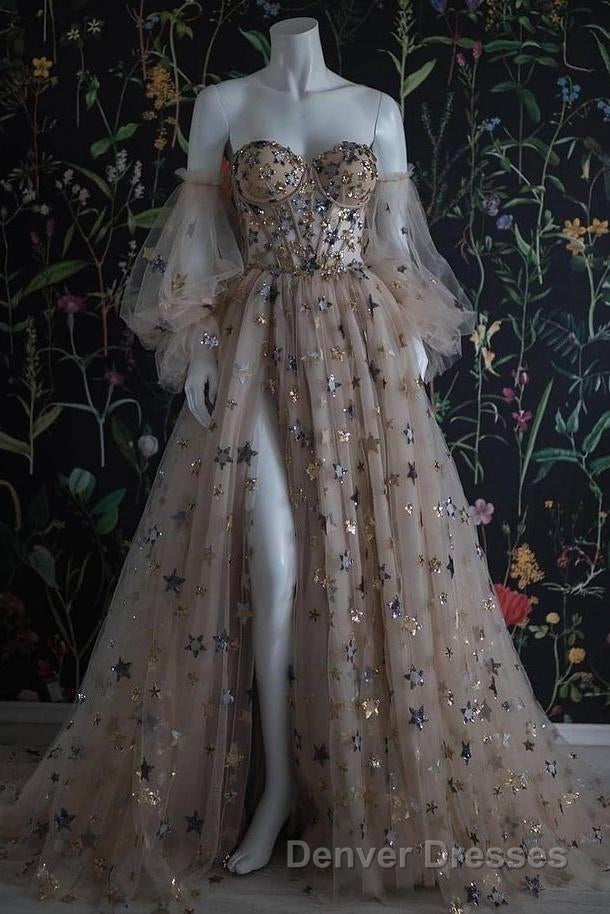 Chic Long Sweetheart Front Split Star Prom Dress With Sleeves