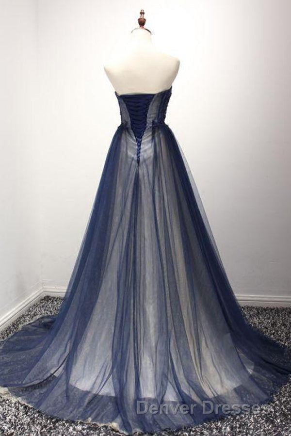 Navy A Line Sweep Train Straight Sleeveless Mid Back Lace Up Prom Dress Secondary image