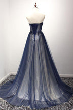Navy A Line Sweep Train Straight Sleeveless Mid Back Lace Up Prom Dress