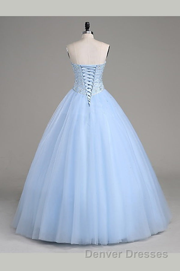 Light Blue Ball Gown Floor Length Sweetheart Strapless Sleevless Beading Prom Dress