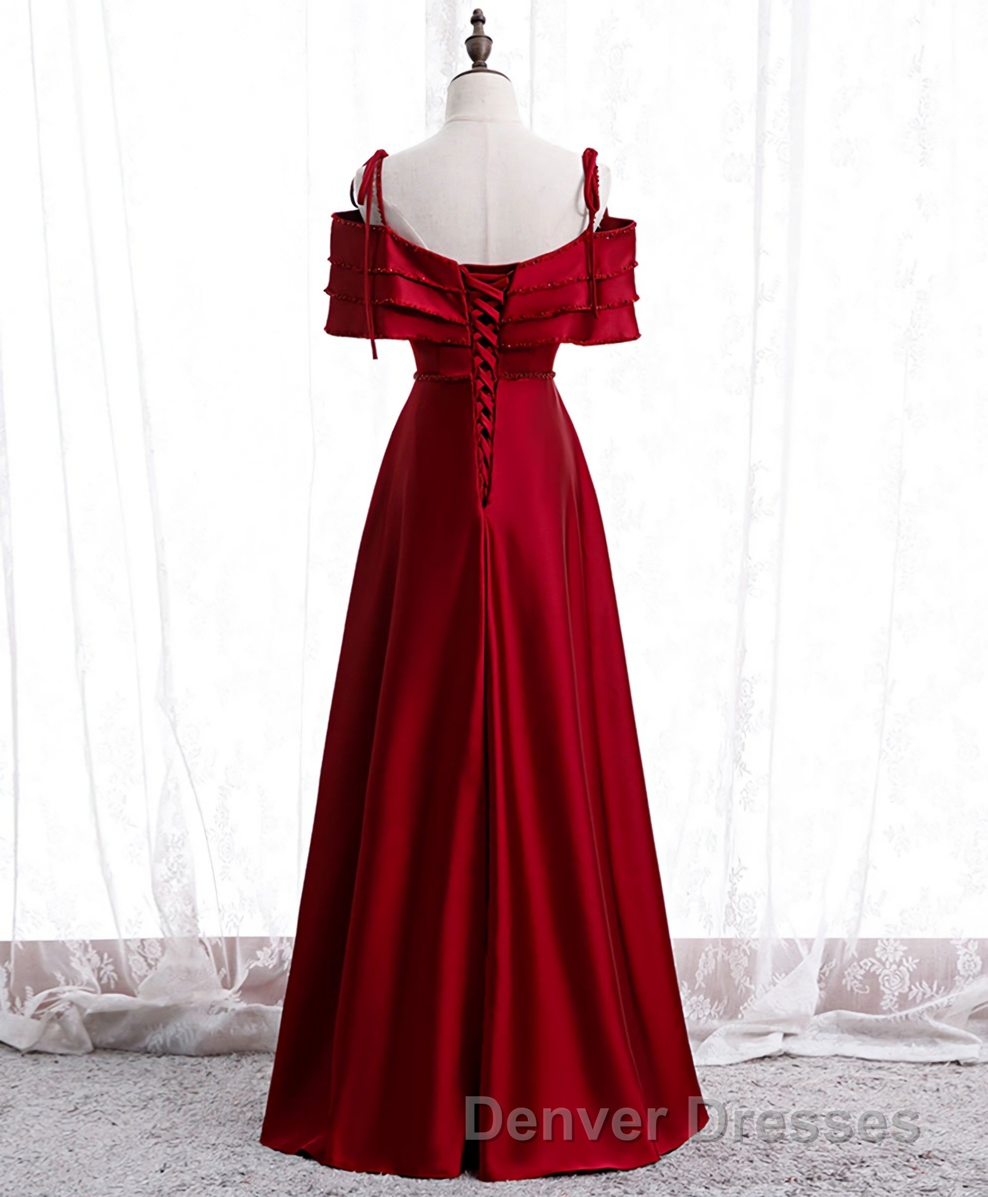 Burgundy Satin Beads Long Prom Dress, Burgundy Evening Dress Secondary image