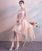 Pink Round Neck Lace Short Prom Dress Pink Homecoming Dress 1