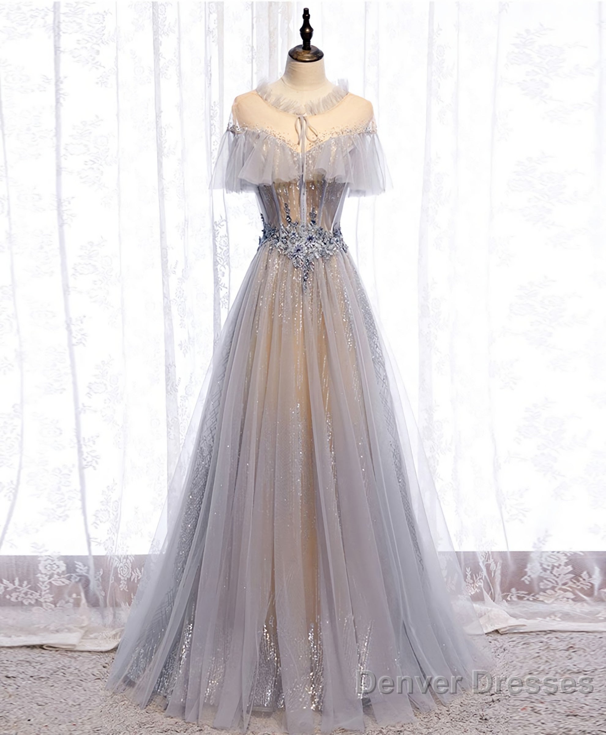 Gray Tulle Lace Long Prom Dress, Gray Tulle Formal Dress, 3 Main image