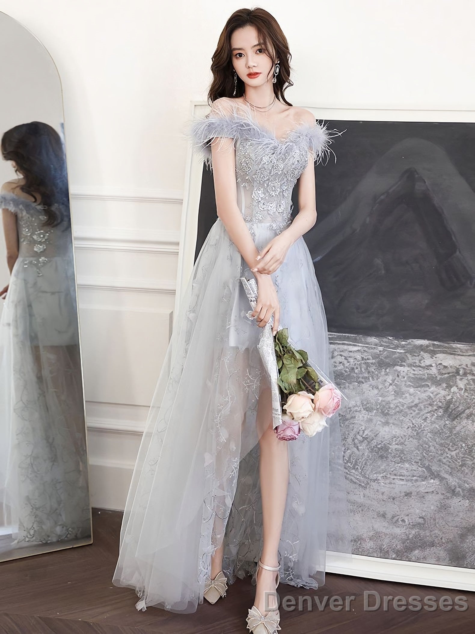 Gray Sweetheart Neck Tulle Long Prom Dress Gray Evening Dress Main image