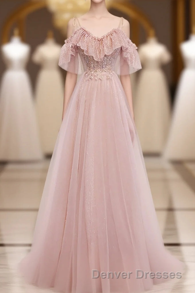 Pink V Neck Tulle Lace Long Prom Dress, Pink Bridesmaid Dress, 1