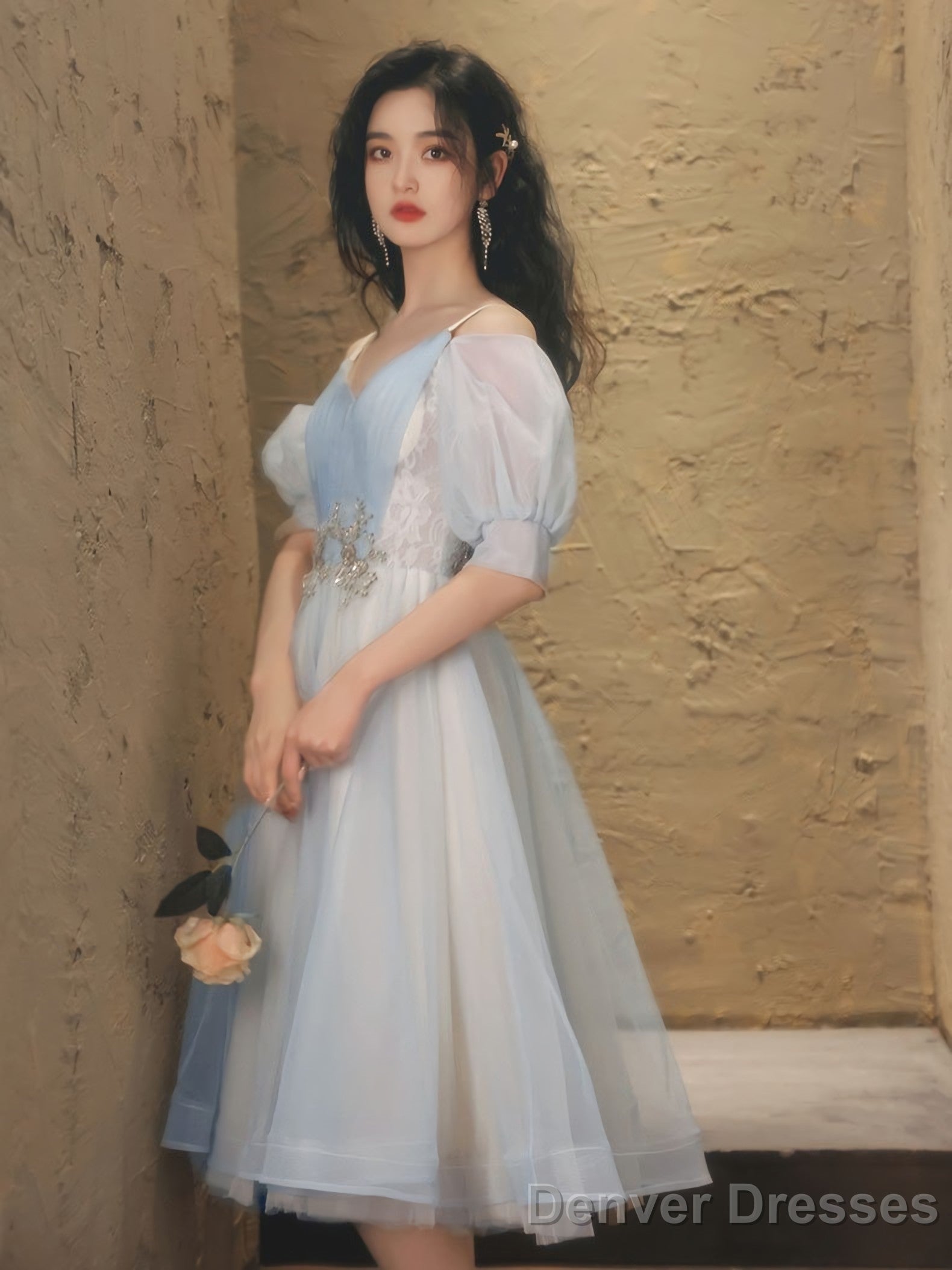 Blue A Line Tulle Lace Short Prom Dress Blue Homecoming Dress