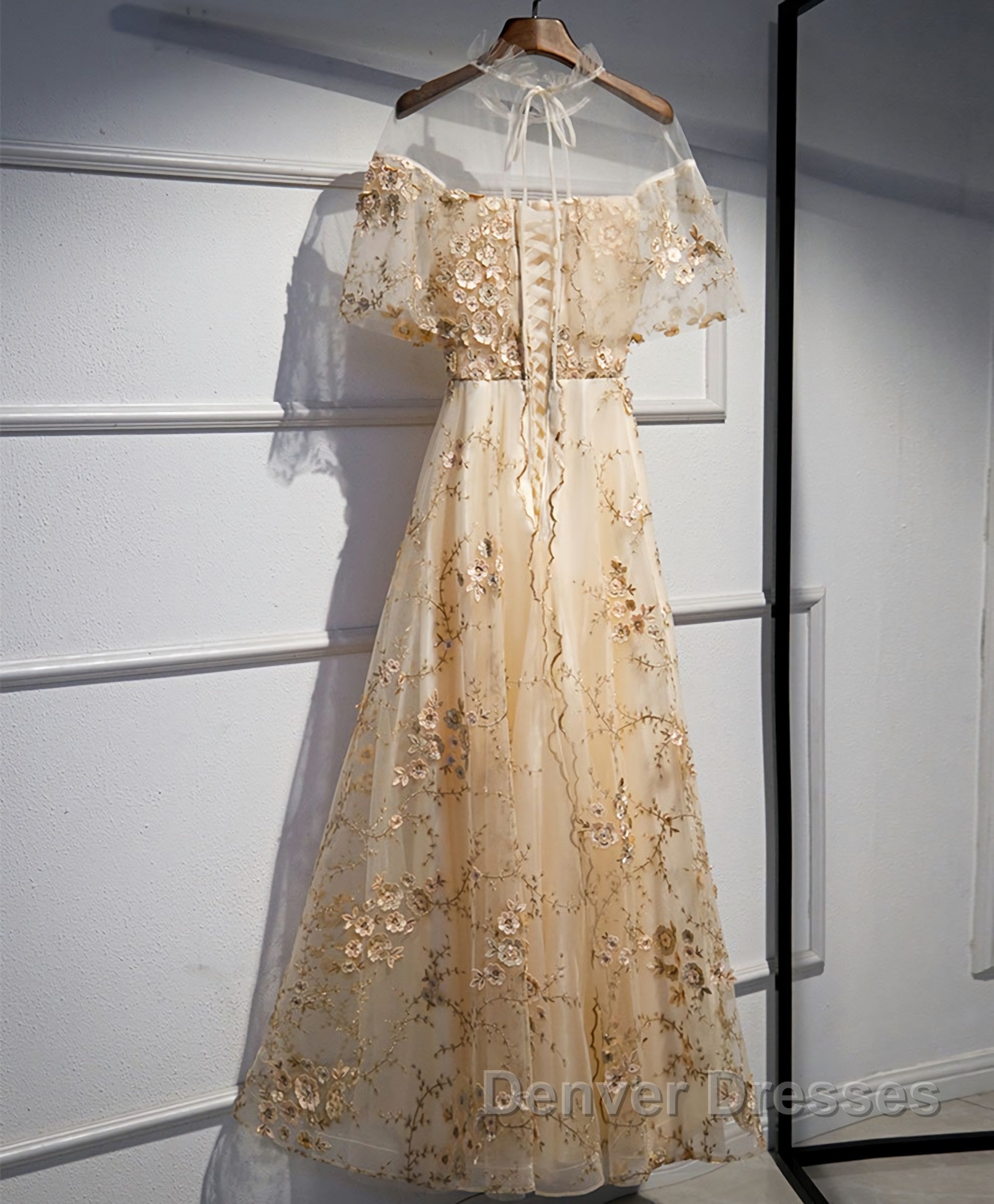 Champagne Tulle Lace Long Prom Dress, Champagne Formal Dress, 1