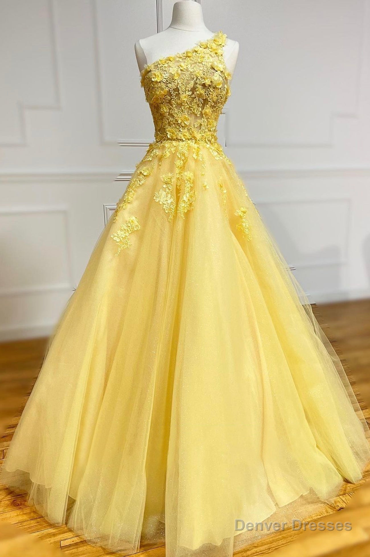 Yellow Lace One Shoulder Evening Dress, A-Line Tulle Long Prom Dress Secondary image
