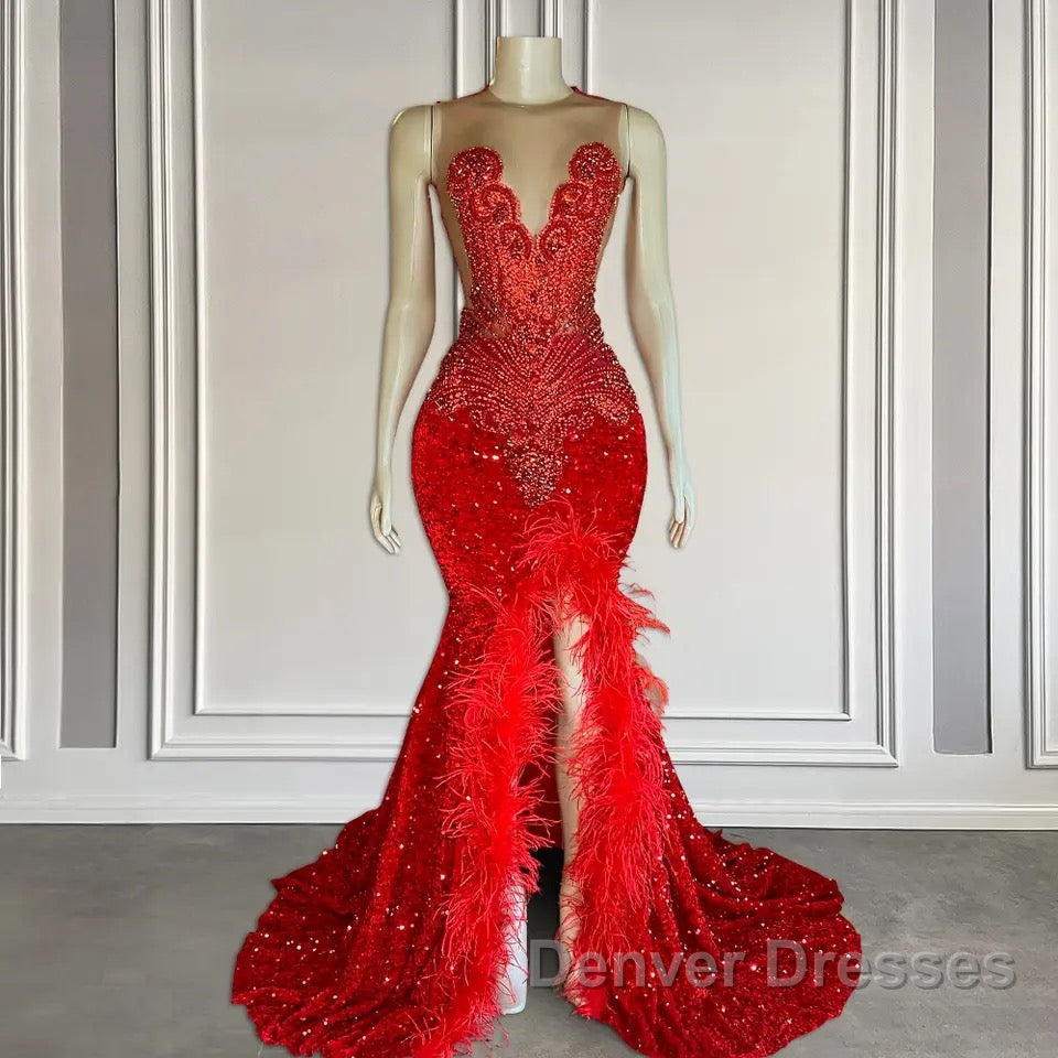 Red Sleeveless Sequins Mermaid Prom Dress with Front Slit Beadings and Feathers Secondary image