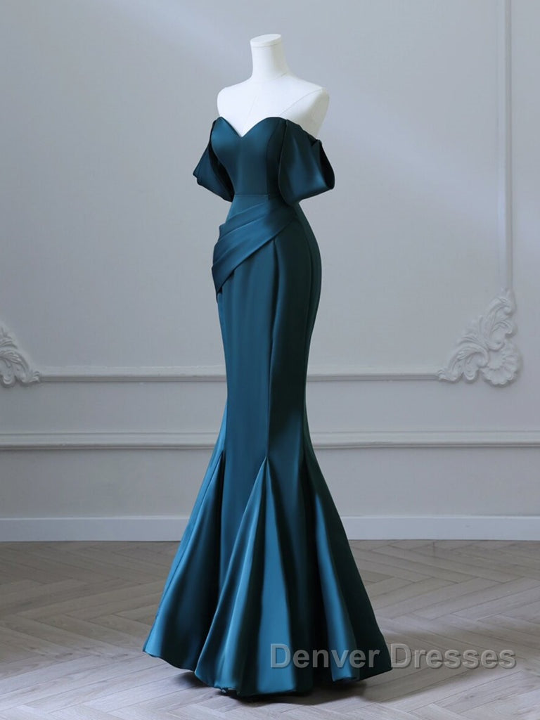 Simple Off Shoulder Satin Ink Blue Long Prom Dress, Ink Blue Long Formal Dress Secondary image
