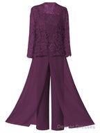 Mother of the Bride Dresses, Lace Chiffon Three-Piece Plus Size Mother of the Bride Pant Suits