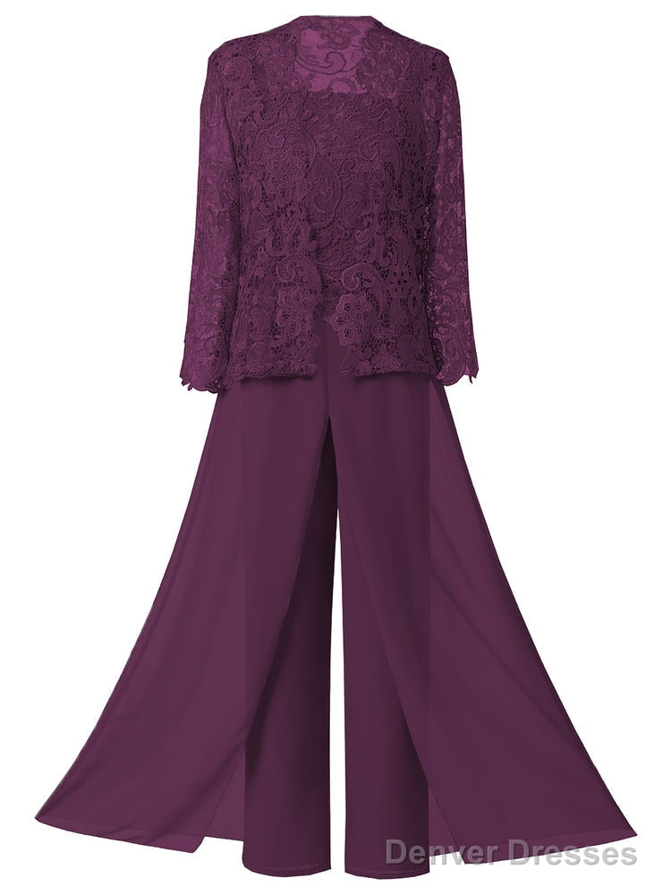 Mother of the Bride Dresses, Lace Chiffon Three-Piece Plus Size Mother of the Bride Pant Suits