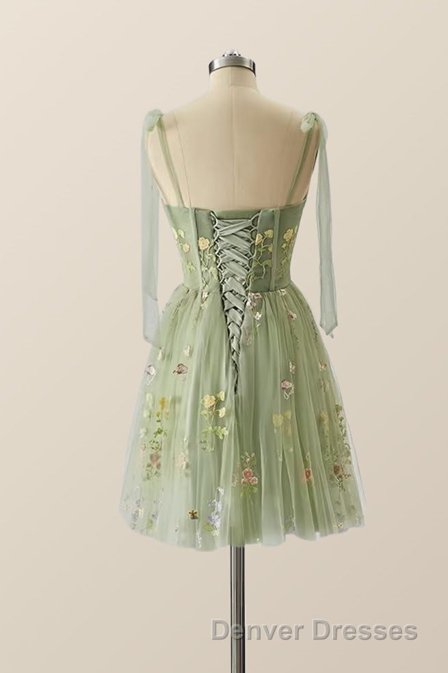 Green Floral Tulle A-line Short Dress with Tie Shoulders Secondary image