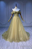Green Tulle Long A-Line Prom Dress, Off the Shoulder Evening Party Dress
