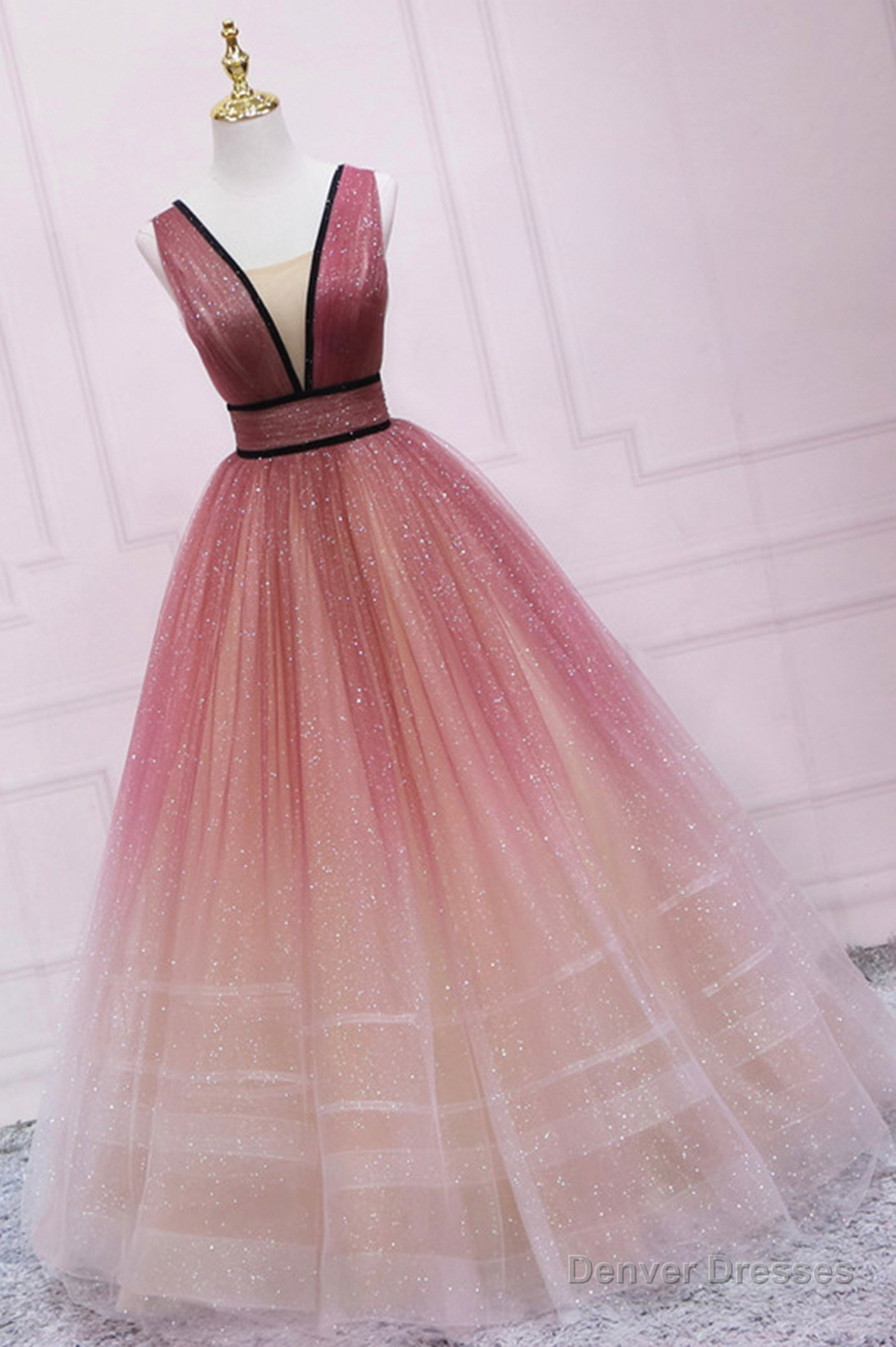Cute Ombre Tulle V-Neck Long Party Dress, A-line Prom Dress Main image