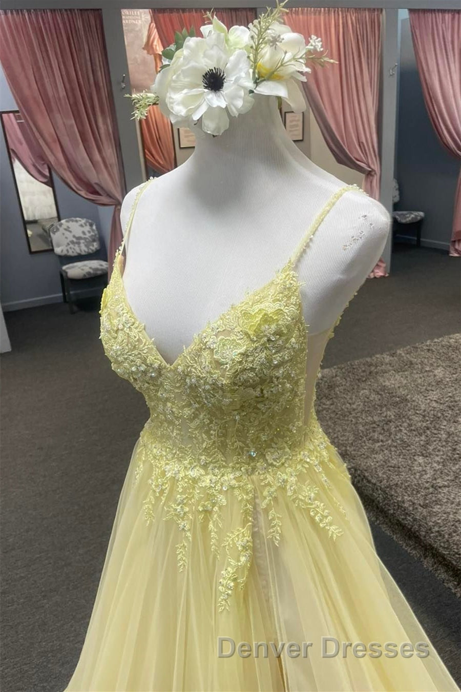 Light Yellow Deep V Appliques Long Prom Dress with Slit Secondary image