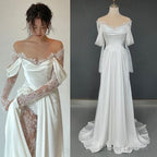 Ivory Lace Satin Wedding Dresses, Off The Shoulder Bridal Dresses