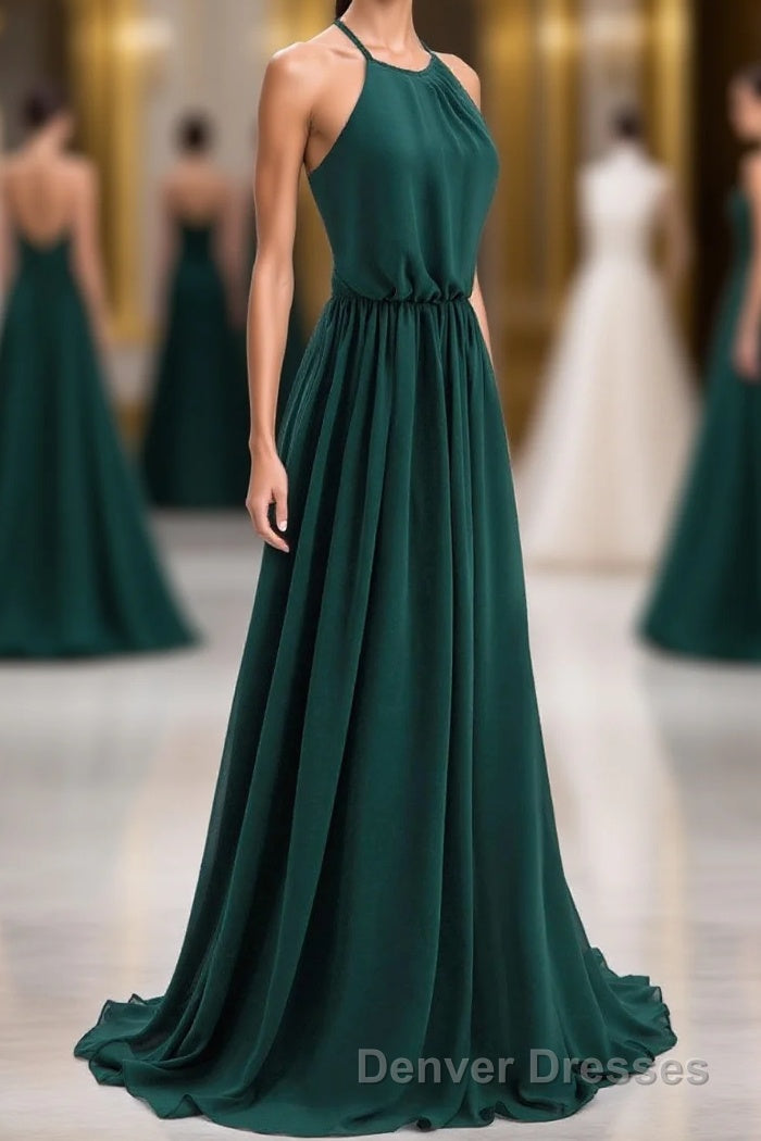 Hunter Green Halter Chiffon A-line Long Bridesmaid Dress Main image