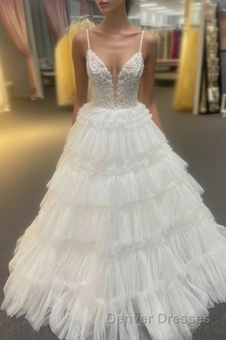 White Floral Plunging V Layers Long Prom Dress