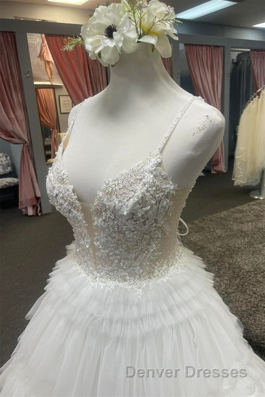 White Floral Plunging V Layers Long Prom Dress Secondary image